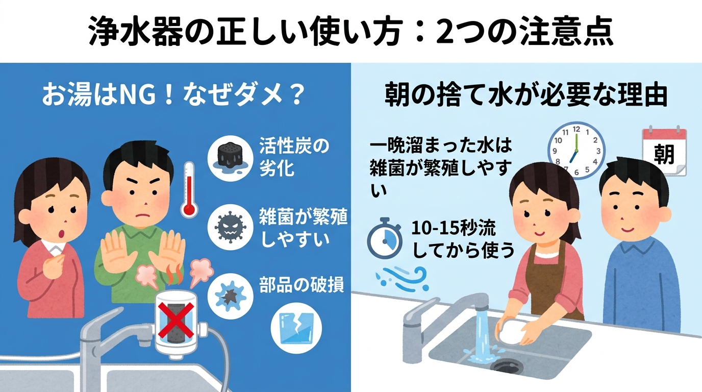 浄水器でお湯を使ってはいけない理由や、朝の捨て水を説明するイラスト