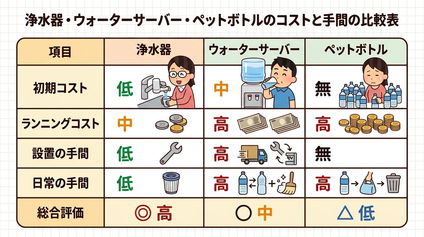 浄水器・ウォーターサーバー・ペットボトルのコストと手間の比較表