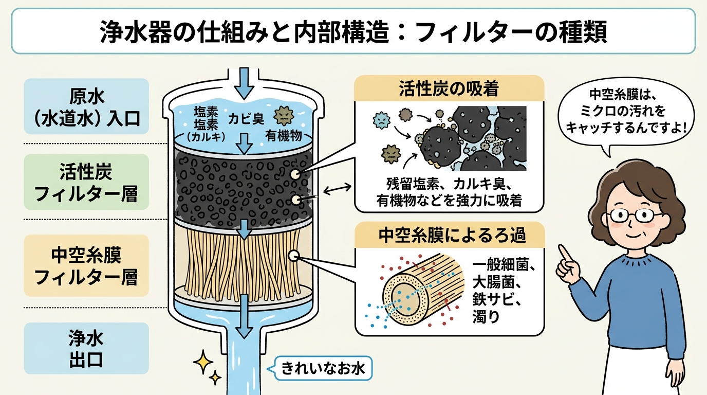 活性炭や中空糸膜などフィルターの内部構造を説明する図解画像