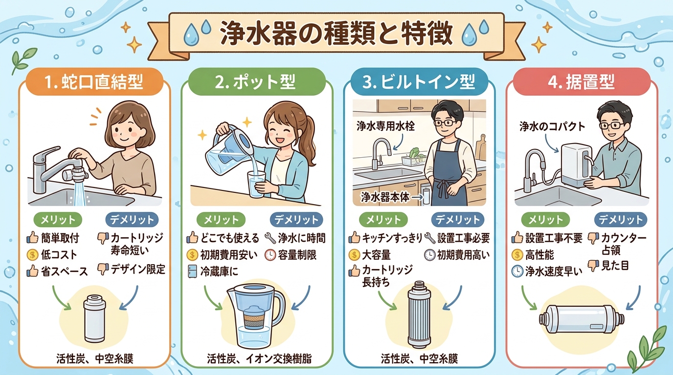 蛇口型、ポット型、ビルトイン型など各種類の見た目を比較する画像