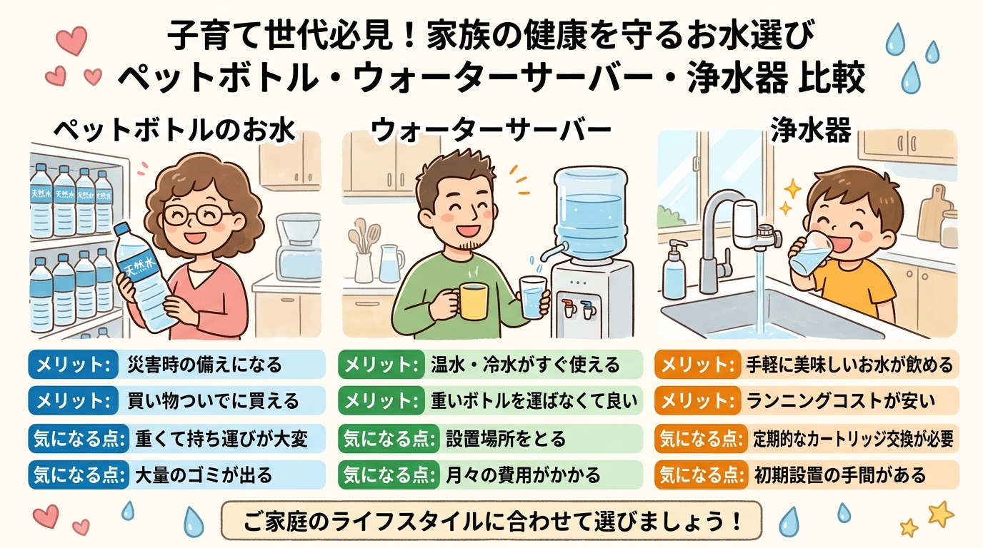 ペットボトル、ウォーターサーバー、浄水器の比較イメージ画像
