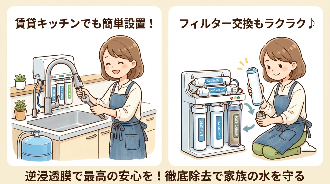 賃貸キッチンへの浄水器設置イメージとフィルター交換の様子