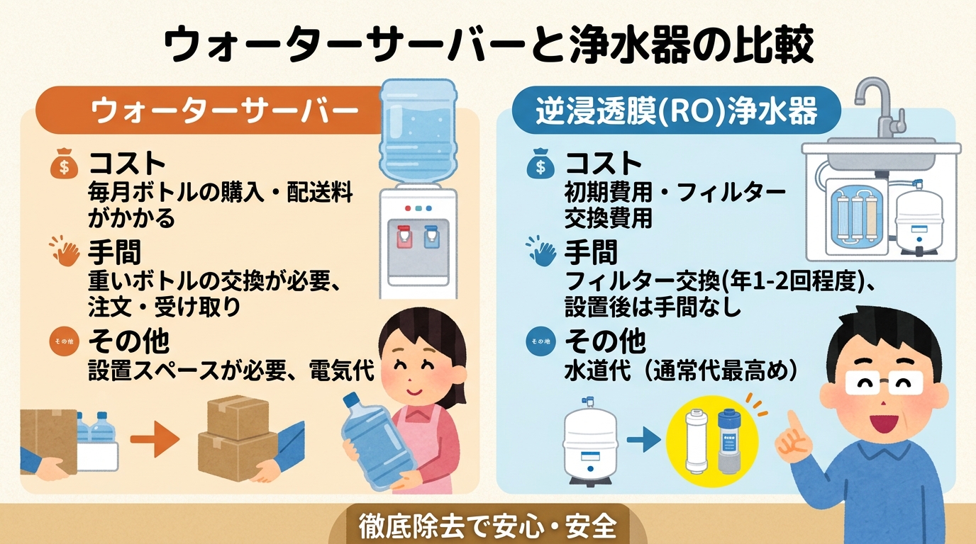 ウォーターサーバーと浄水器のコスト・手間の比較イラスト