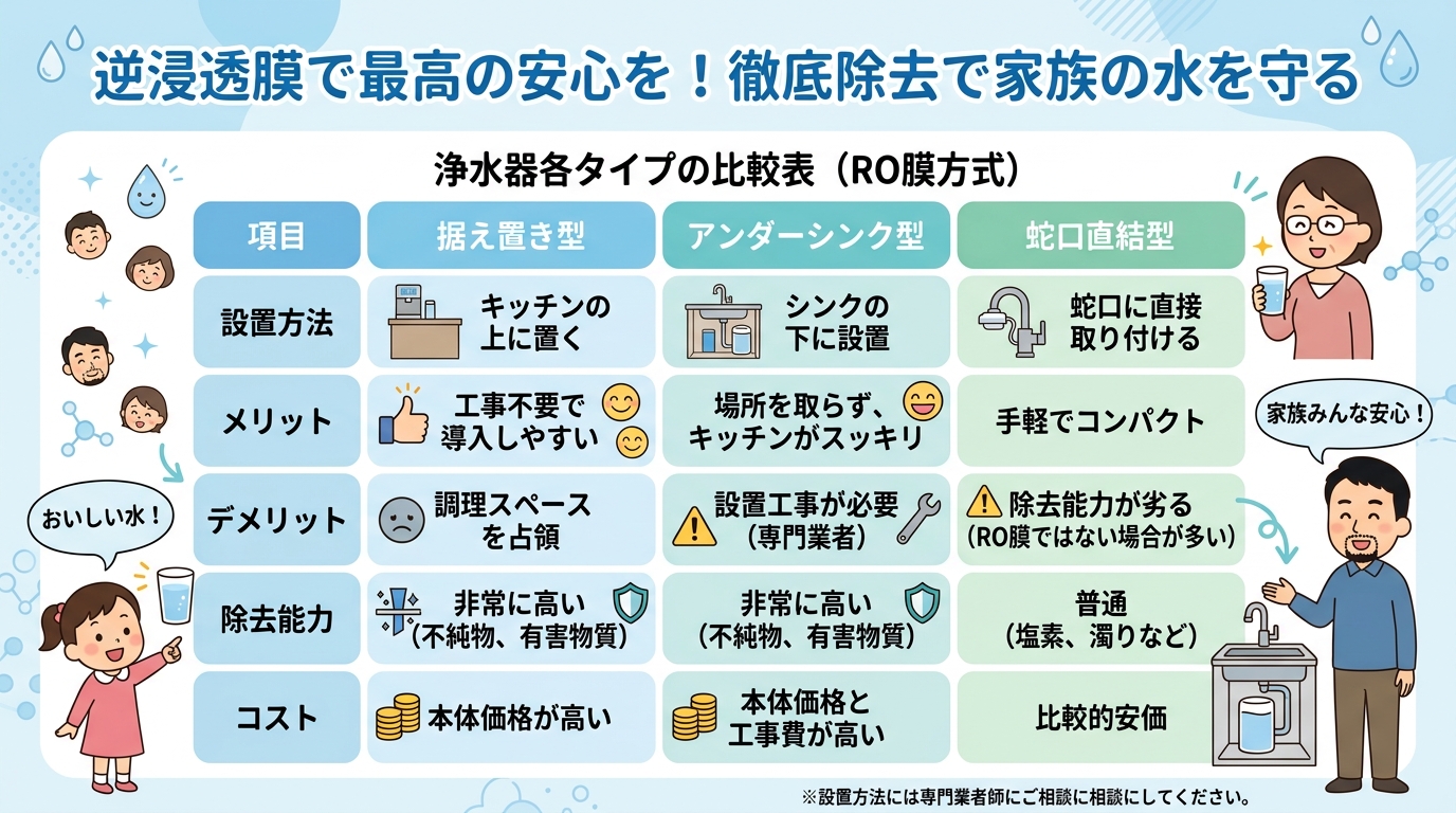 据え置き型、アンダーシンク型など各タイプの比較表