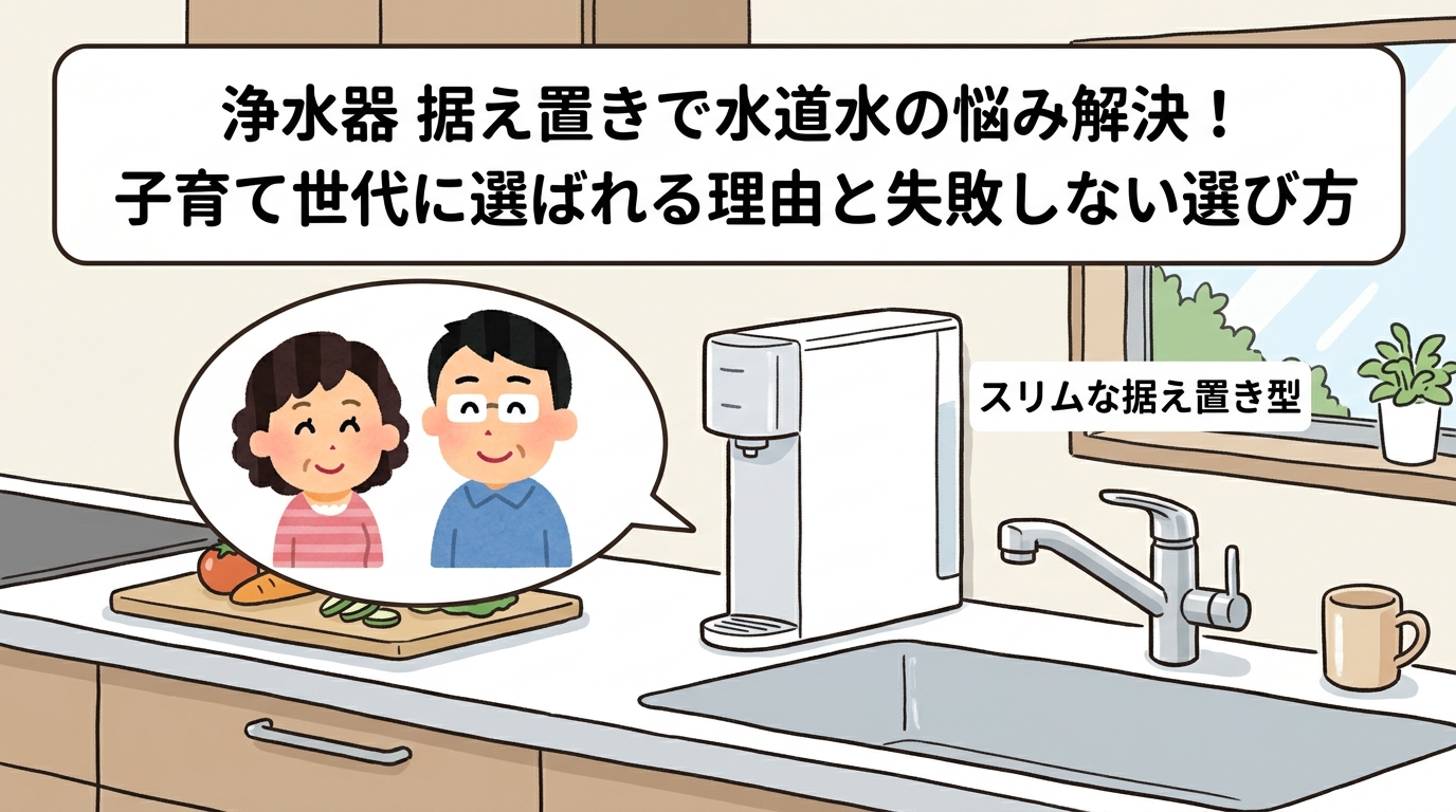 スリムなデザインの据え置き型浄水器がキッチンに置かれている画像