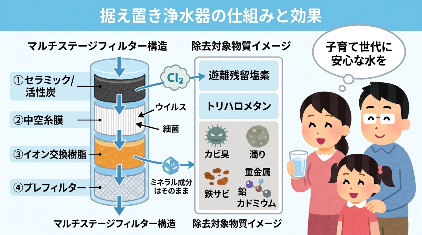 浄水器のフィルター構造や除去物質のイメージ画像