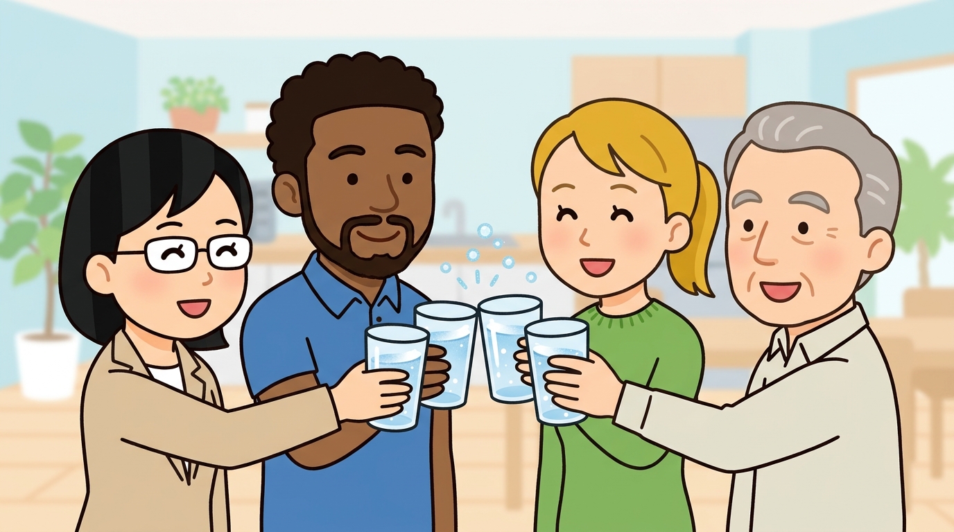 笑顔でグラスの水を乾杯している国際的な人々の画像