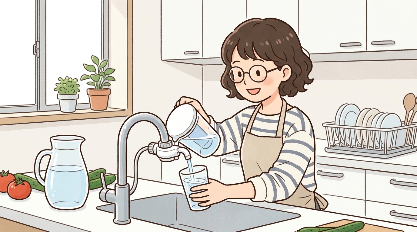 キッチンで浄水器を使って水をグラスに注いでいる画像