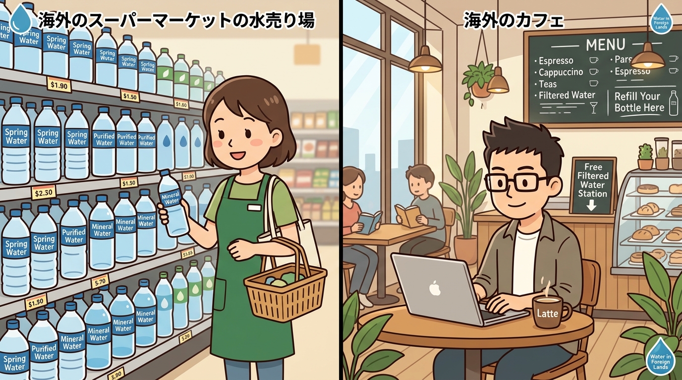 海外のスーパーマーケットの水売り場やカフェの画像