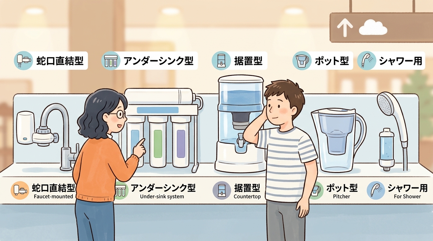様々なタイプの浄水器が並んでいる画像
