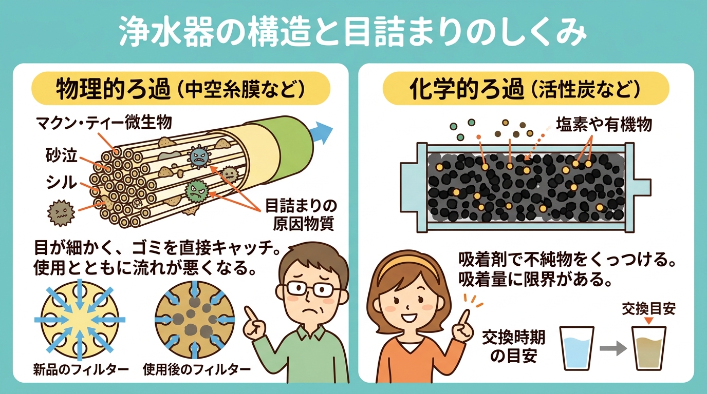 フィルターの目詰まりや構造の違いを示す図解画像