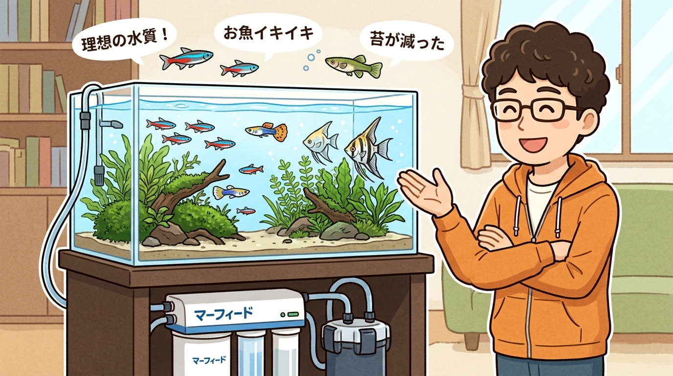 マーフィード浄水器に満足しているアクアリストと美しい水槽のイメージ画像