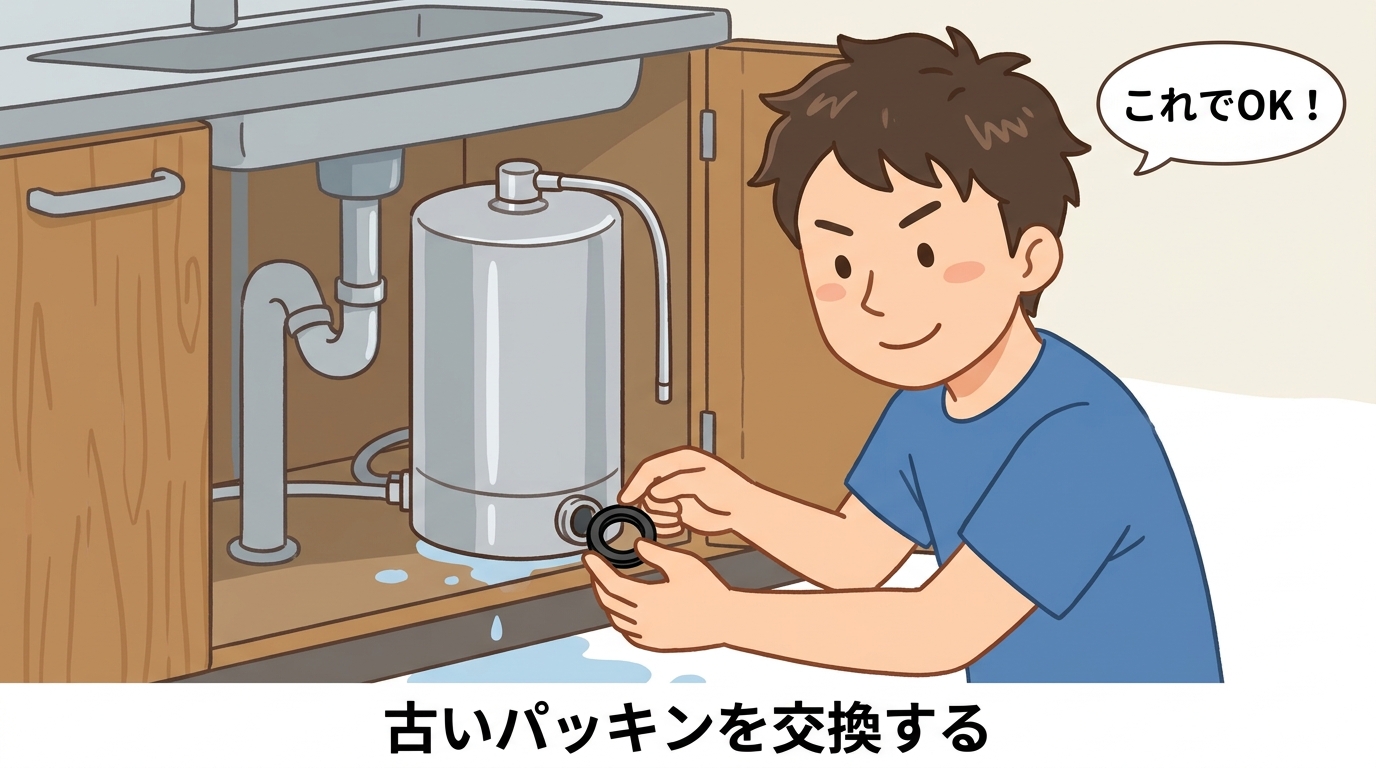 新しいパッキンに交換している手元の画像