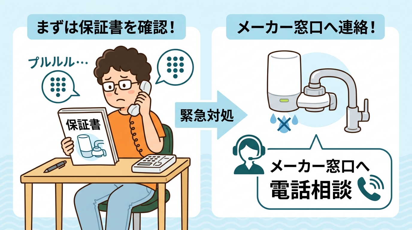 保証書とメーカー窓口への電話をイメージした画像