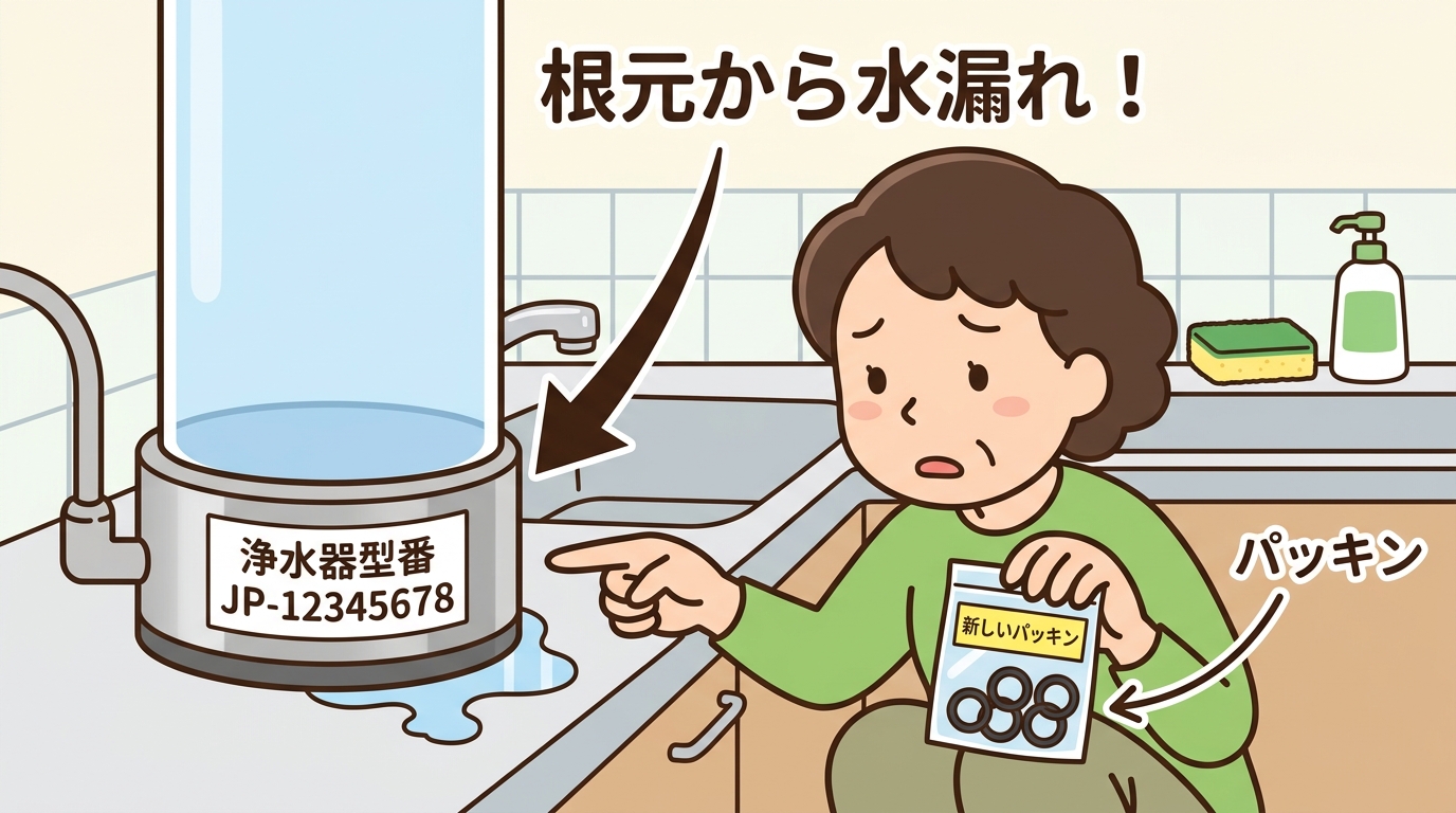 浄水器の型番ラベルと新しいパッキンの画像