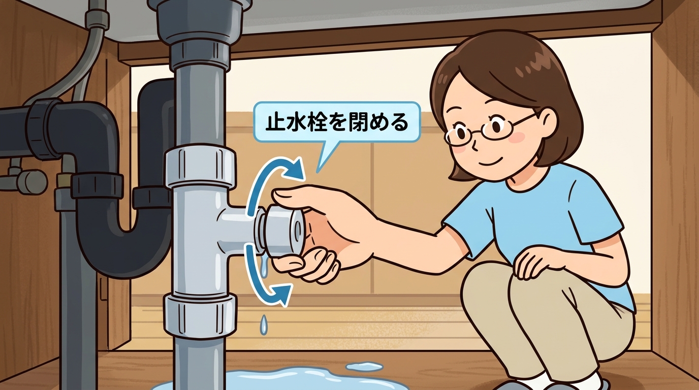 シンク下の止水栓を閉めている画像