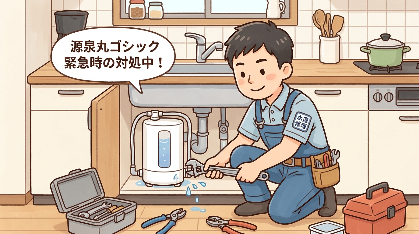 水道修理業者がキッチンで作業している画像