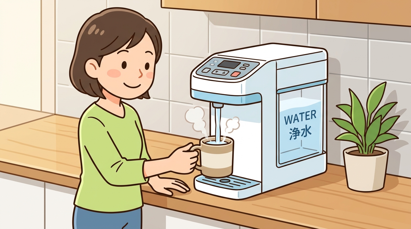 浄水型ウォーターサーバーでお湯を注いでいる画像