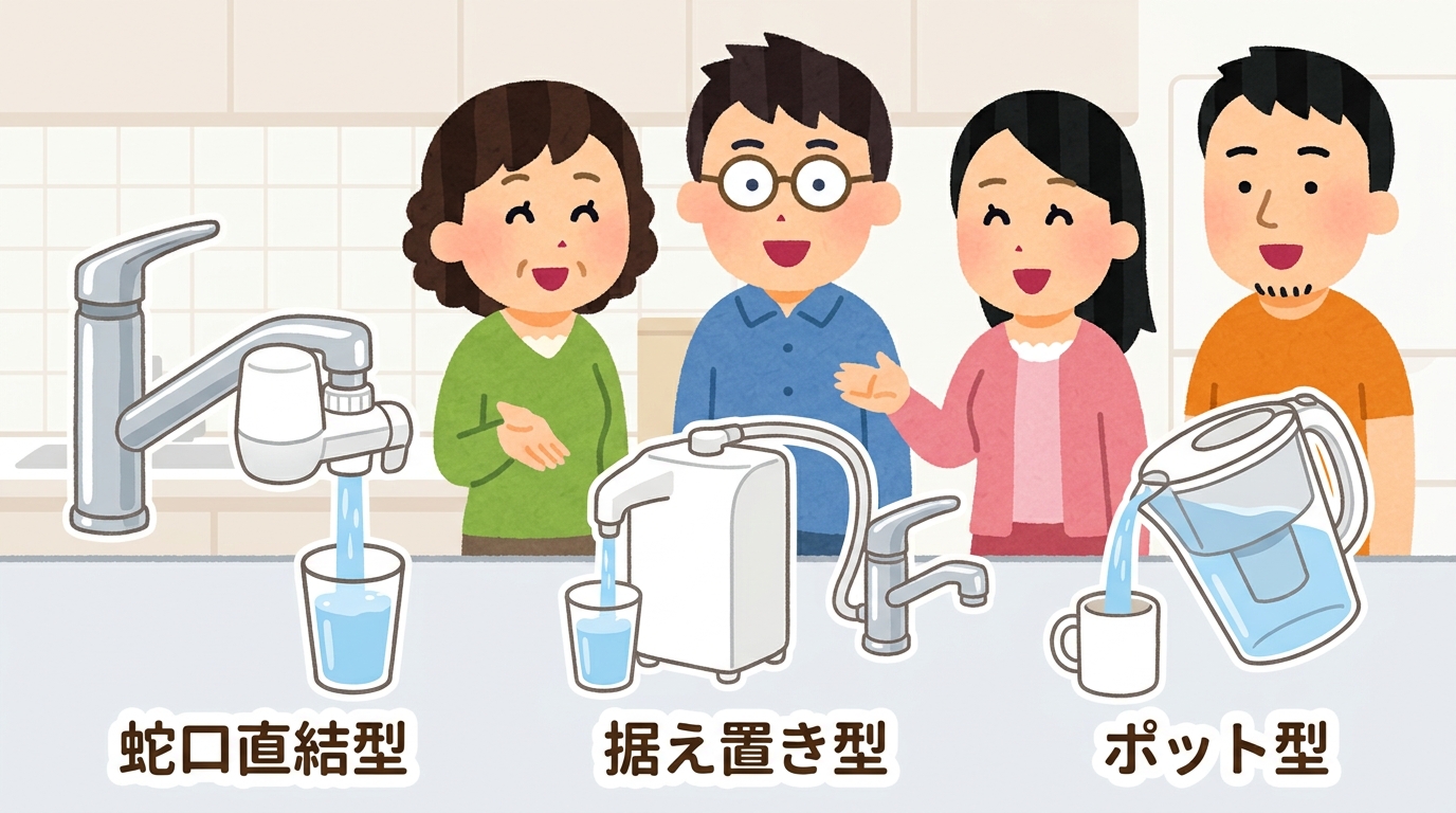 浄水器の主要3タイプ(蛇口直結型・据え置き型・ポット型)のイラスト画像