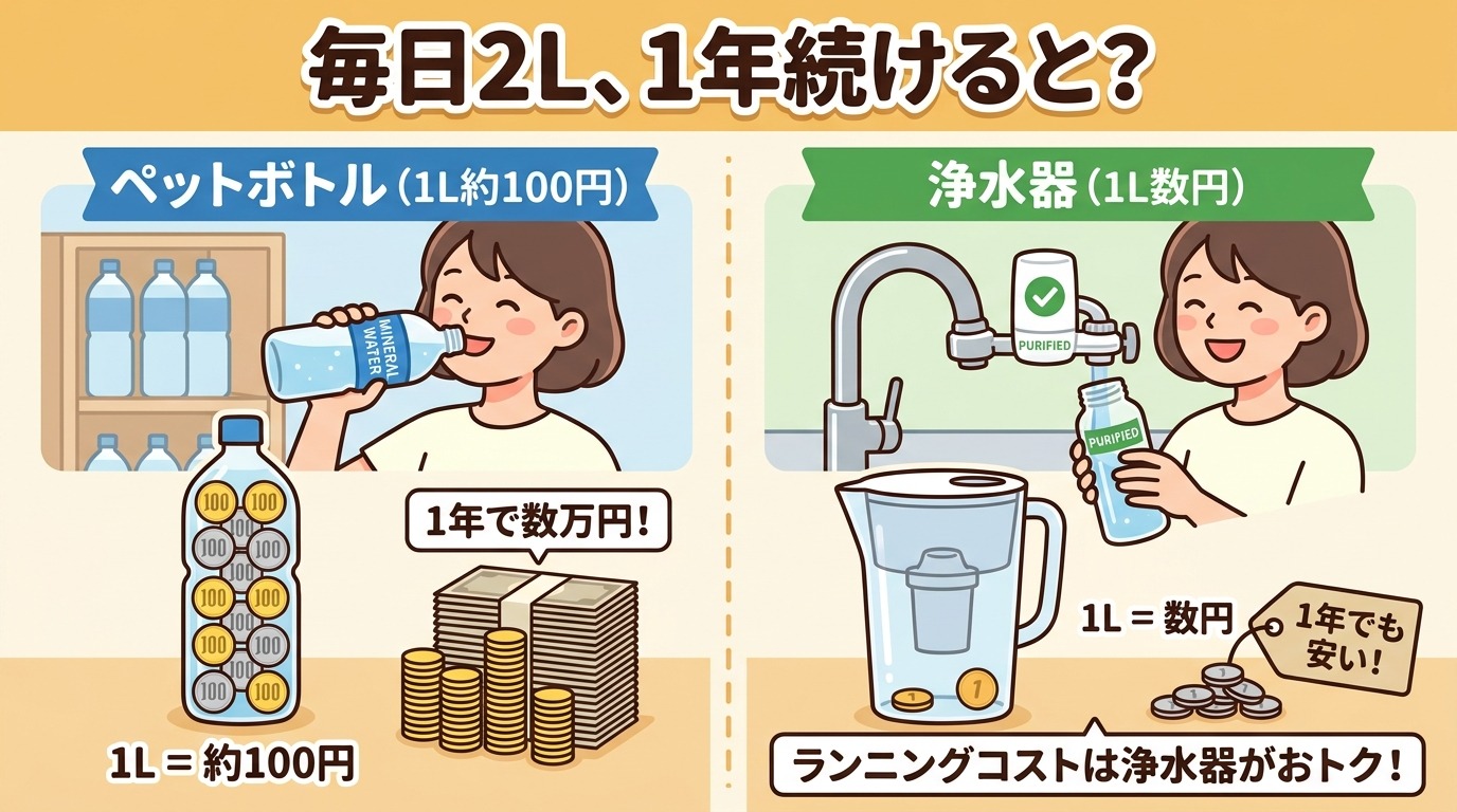 浄水器とペットボトル水の1リットルあたりのコストを比較するイラスト