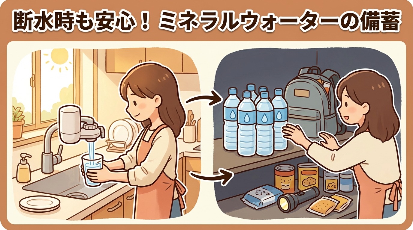 災害時の備えとしてペットボトル水を備蓄しているイラスト