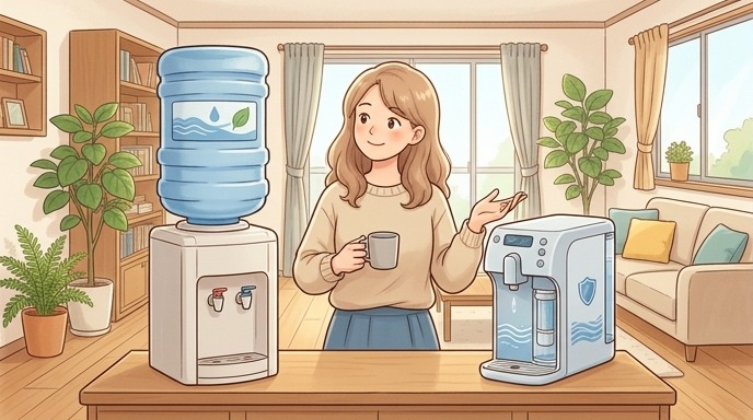 クリクラのボトル型と浄水型feel freeを見比べている画像