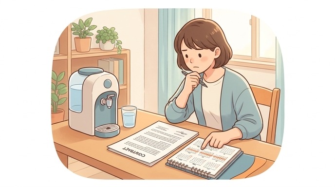 契約書を確認しながら浄水型ウォーターサーバーの契約条件をチェックしている画像