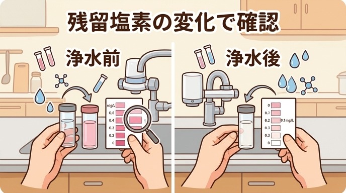 残留塩素パックテストで浄水前後の水の色を比較している画像