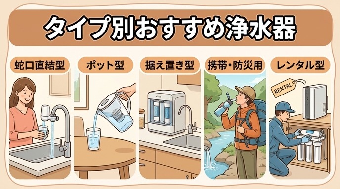 蛇口直結型・ポット型・据え置き型・携帯型など浄水器のタイプを並べて比較している画像