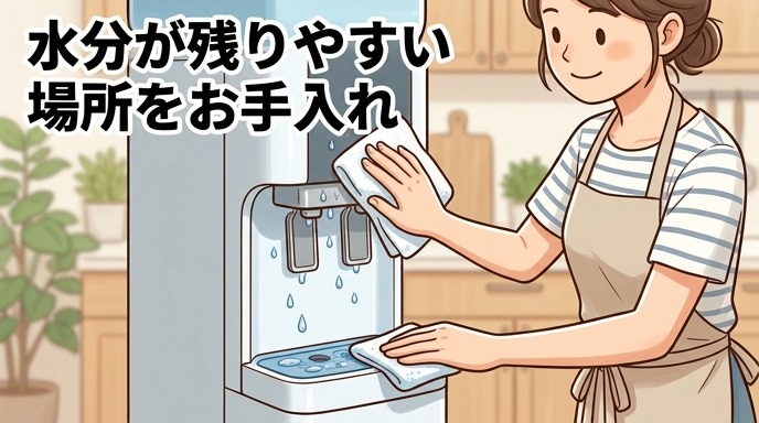 浄水型ウォーターサーバーの給水口・受け皿を拭いてお手入れしている画像