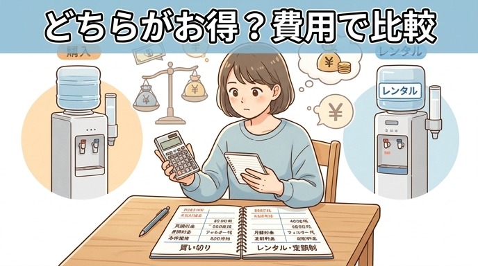 電卓を使って浄水型ウォーターサーバーの費用を比較検討している画像