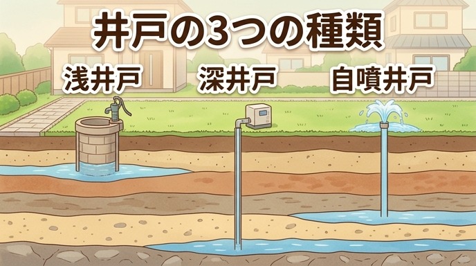 浅井戸・深井戸・自噴井戸の3種類の井戸を地層の断面図で比較したイラスト