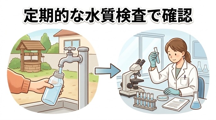 井戸水を採水ボトルに採り、検査機関で水質検査を受ける流れを示したイラスト