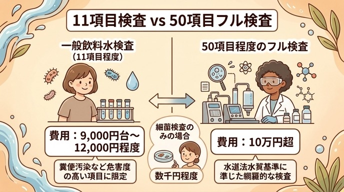 井戸水の水質検査、11項目の簡易検査(9千円台〜1万円台)と50項目のフル検査(10万円超)の費用差を比較するイラスト