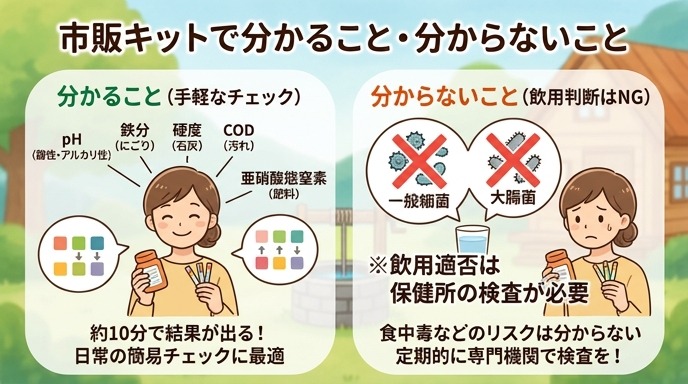 市販の水質検査パックテストでpH・鉄分・硬度などを手軽に測定する一方、一般細菌・大腸菌の検査には対応していないことを示すイラスト