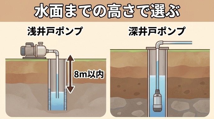 浅井戸ポンプ(ポンプから水面まで8m以内)と深井戸ポンプ(水中ポンプ)の違いを井戸の断面で比較した図解