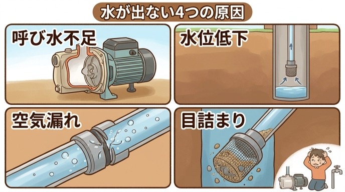 井戸水ポンプから水が出ない4つの原因(呼び水不足・水位低下・空気漏れ・目詰まり)を図解したイラスト