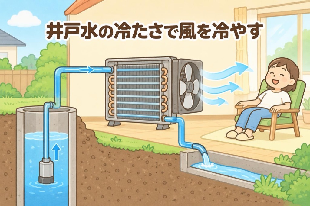 井戸水をポンプで汲み上げて熱交換器に流し、ファンの風を冷やして送り出す井戸水クーラーの仕組みの図解