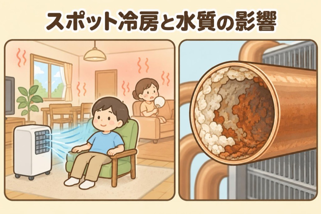 送風が当たる人だけが涼しいスポット冷房の様子と、配管内に付着したスケールやサビを示したイラスト