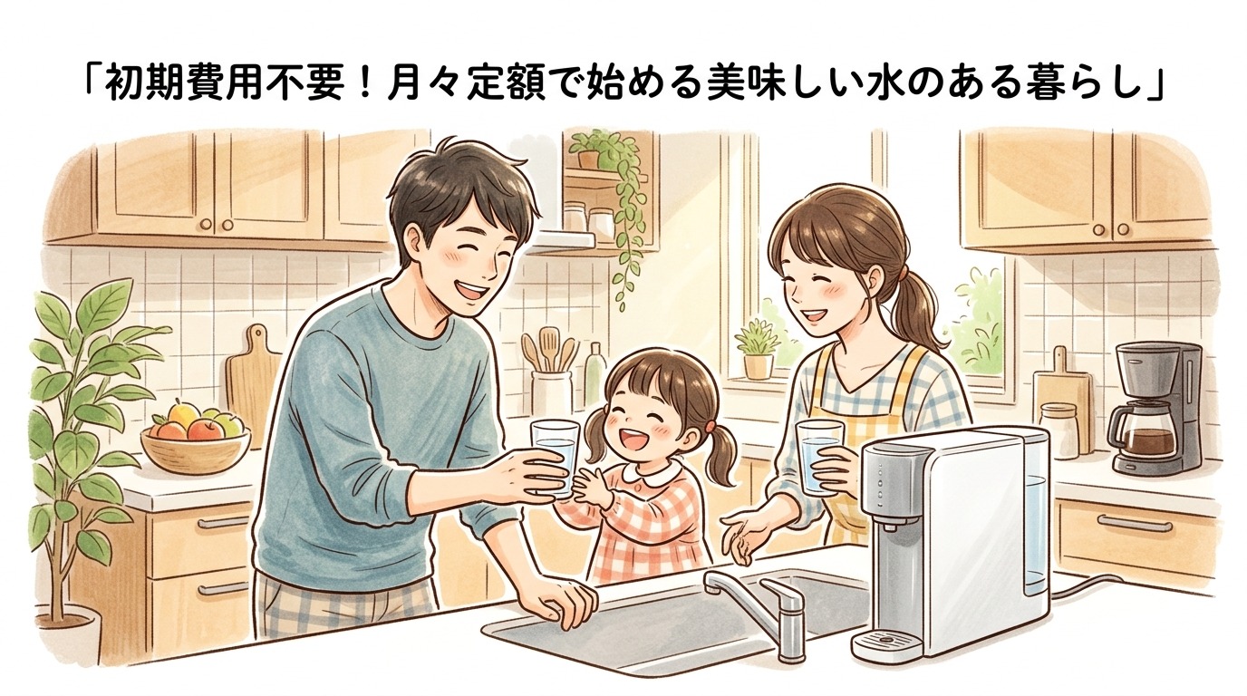 キッチンで水を飲む笑顔の子育て家族の画像
