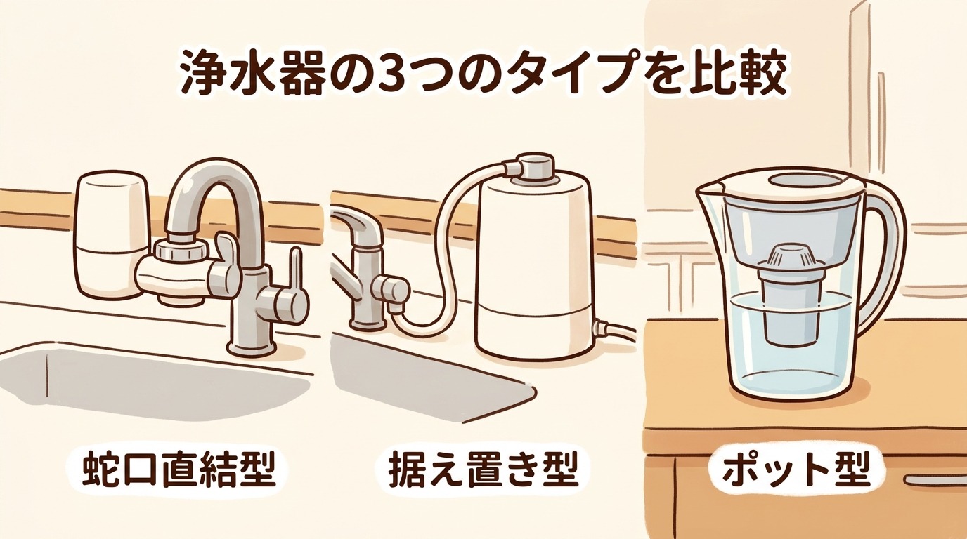 様々な種類の浄水器が並んでいる比較画像