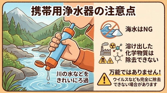 携帯用浄水器を使って水をろ過している手元のクローズアップ画像