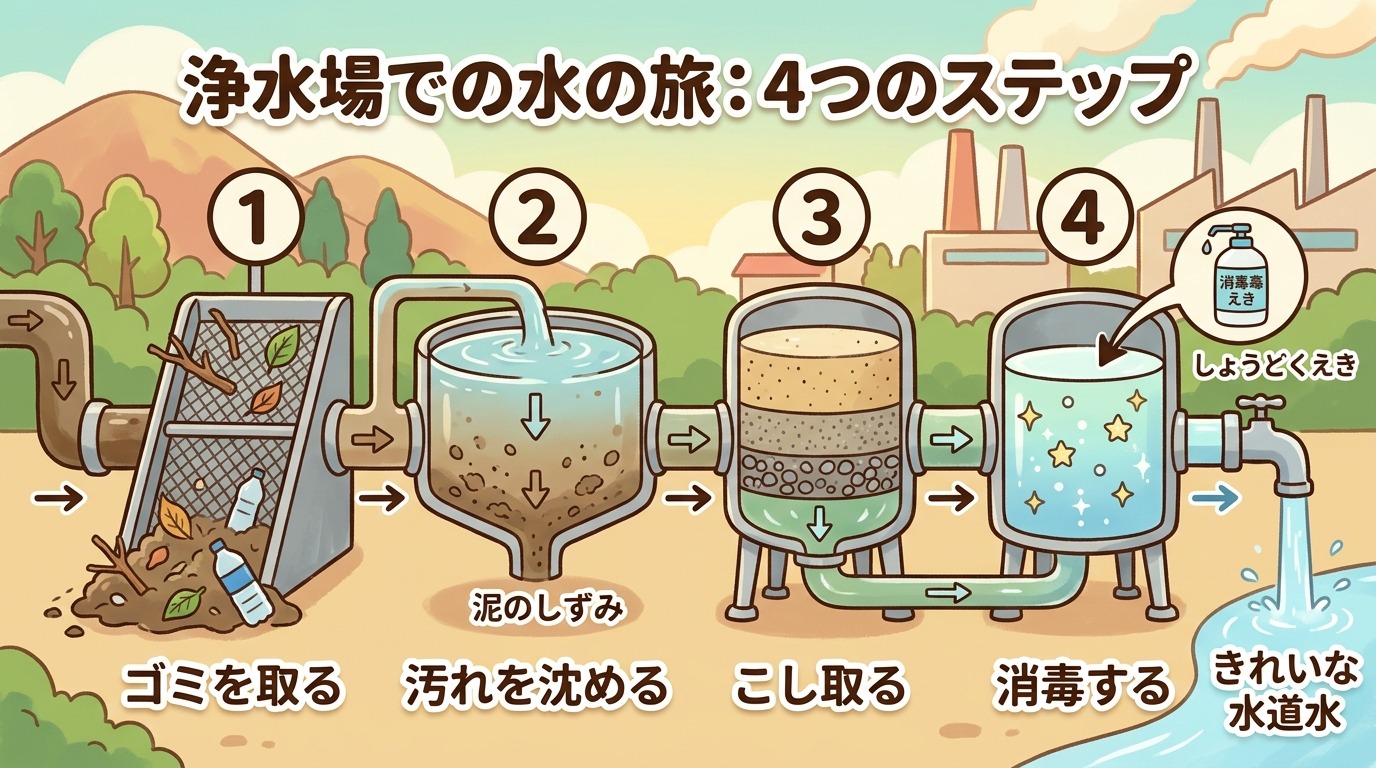浄水場全体の仕組みがわかるイラスト