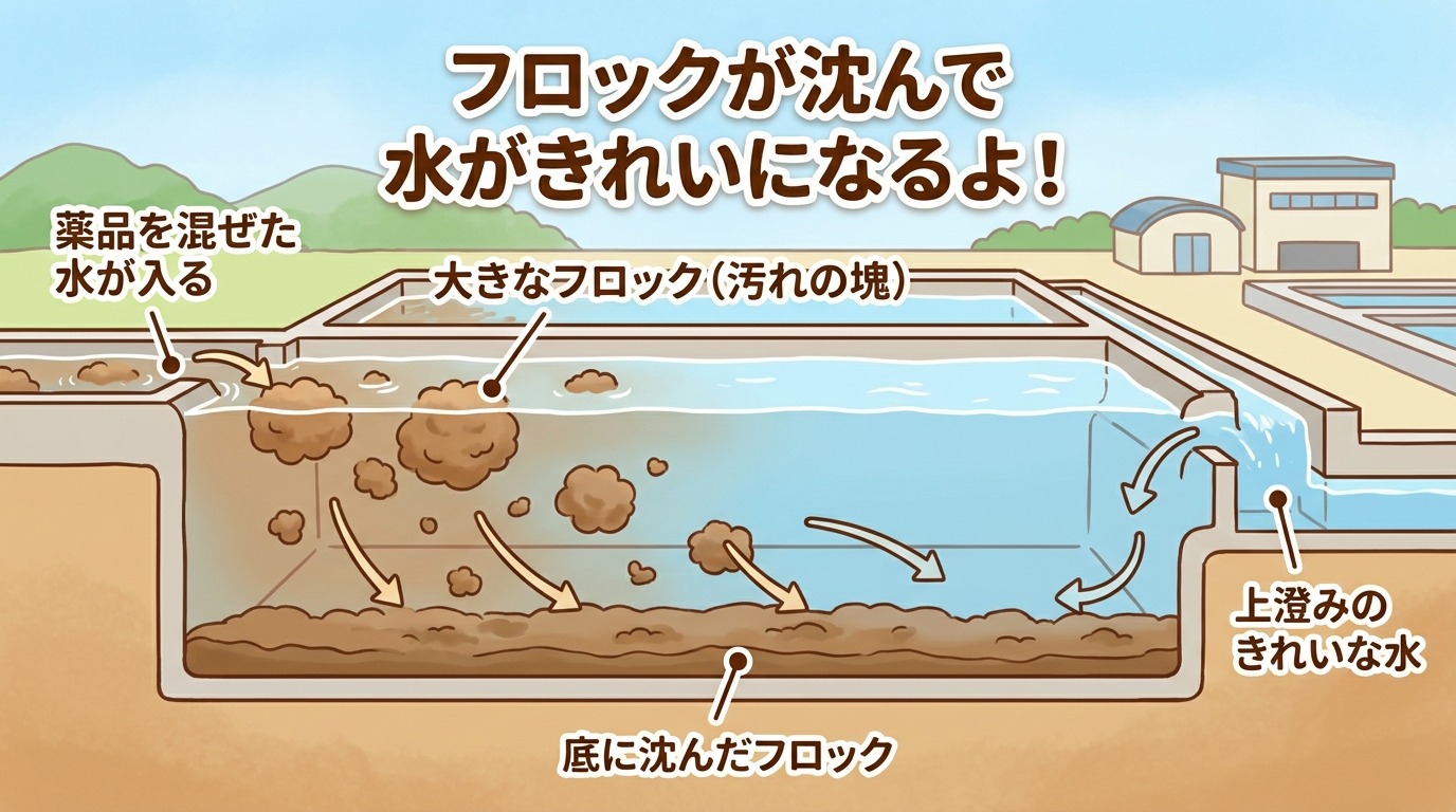 沈殿池でフロックが沈む様子を図解した画像