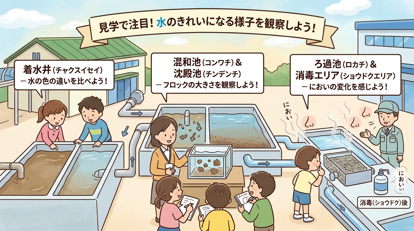 小学生が浄水場を見学している様子やチェックポイントの画像