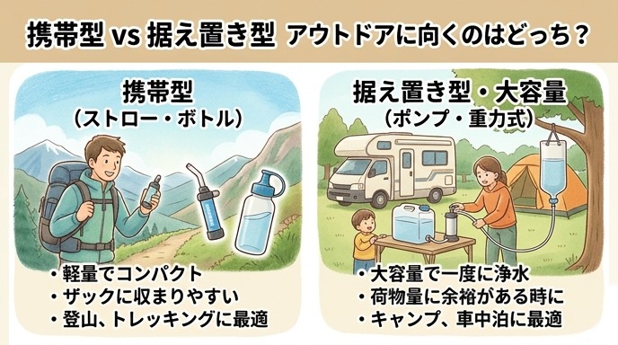 携帯型浄水器と据え置き型(大容量タンク)浄水器を並べて比較した画像