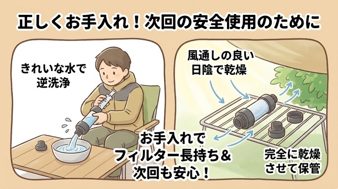 使用後の携帯用浄水器を逆洗浄し、風通しの良い場所で乾燥させている手元の画像
