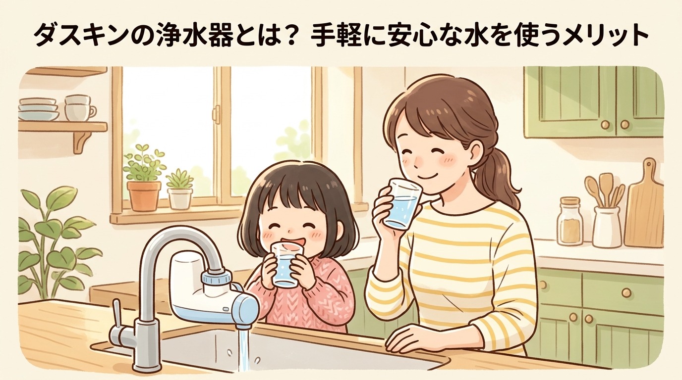 キッチンでおいしいお水を飲む笑顔の親子の画像