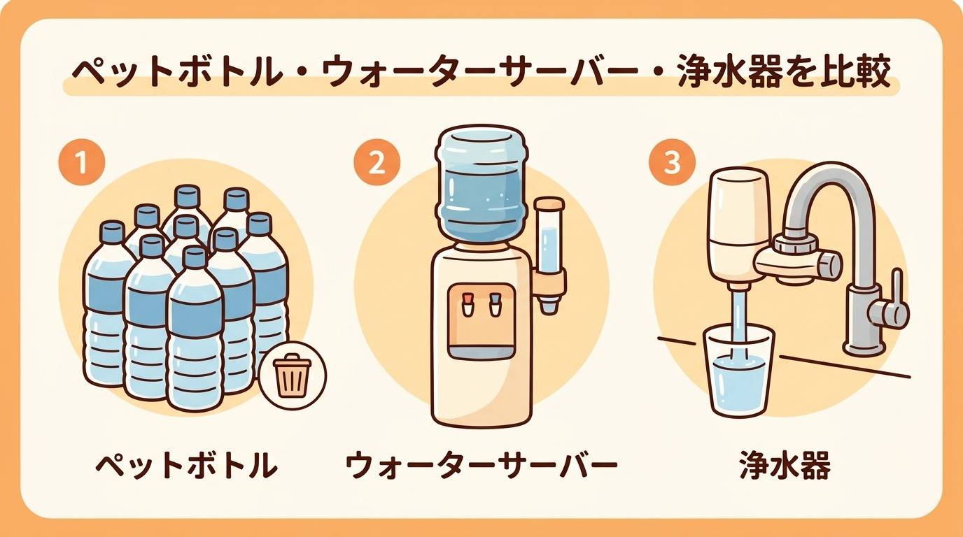 ウォーターサーバー、ペットボトル、浄水器の比較表の画像