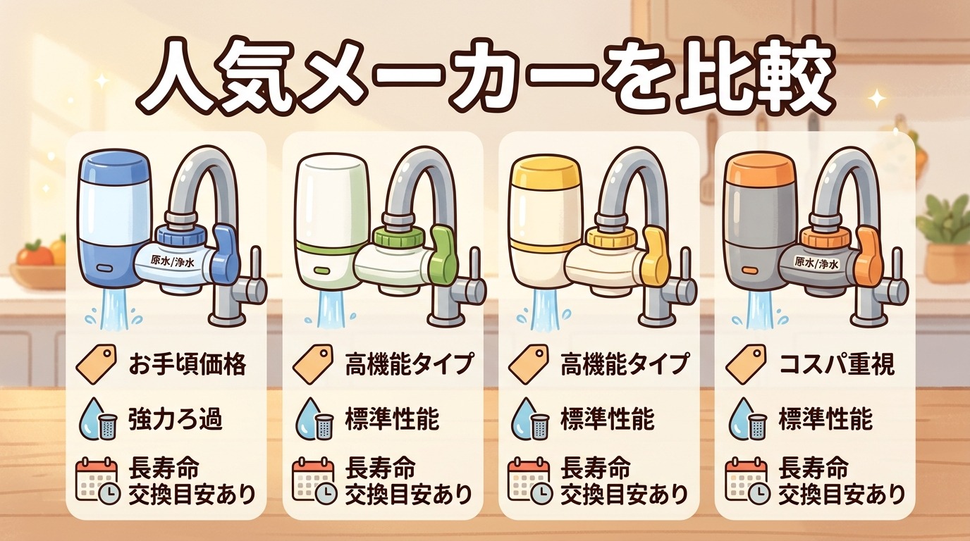 人気メーカーの浄水器が並んでいる比較イメージ画像